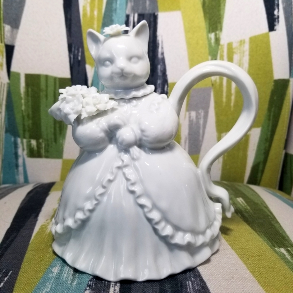Lady Cat Tea Pot In Fancy Dress With Ruffle Details Victorian Style Cottage Core